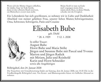 Traueranzeige von Elisabeth Bube von HERSFELDER ZEITUNG