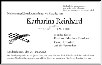 Traueranzeige von Katharina Reinhard von HERSFELDER ZEITUNG