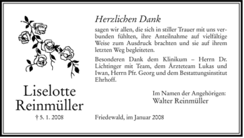 Traueranzeige von Liselotte Reinmüller von HERSFELDER ZEITUNG