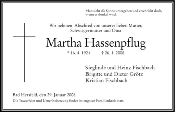 Traueranzeige von Martha Hassenpflug von HERSFELDER ZEITUNG