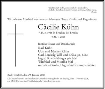 Traueranzeige von Cäcilie Kühn von HERSFELDER ZEITUNG