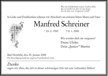 Traueranzeige von Manfred Schreiner von HERSFELDER ZEITUNG