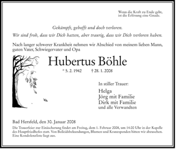 Traueranzeige von Hubertus Böhle von HERSFELDER ZEITUNG