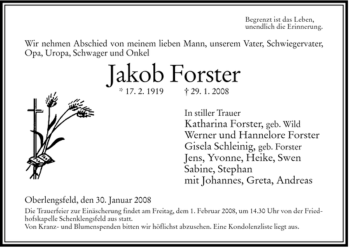 Traueranzeige von Jakob Forster von HERSFELDER ZEITUNG