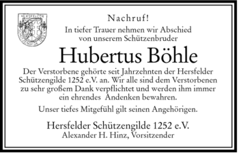 Traueranzeige von Hubertus Böhle von HERSFELDER ZEITUNG