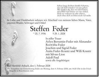 Traueranzeige von Steffen Feder von HERSFELDER ZEITUNG