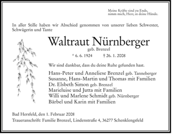 Traueranzeige von Waltraut Nuernberger von HERSFELDER ZEITUNG