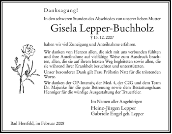 Traueranzeige von Gisela Lepper-Buchholz von HERSFELDER ZEITUNG