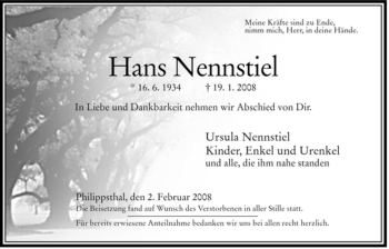 Traueranzeige von Hans Nennstiel von HERSFELDER ZEITUNG