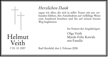 Traueranzeige von Helmut Veith von HERSFELDER ZEITUNG