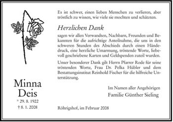 Traueranzeige von Minna Deis von HERSFELDER ZEITUNG