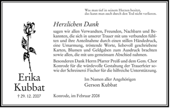 Traueranzeige von Erika Kubbat von HERSFELDER ZEITUNG