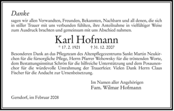 Traueranzeige von Karl Hofmann von HERSFELDER ZEITUNG