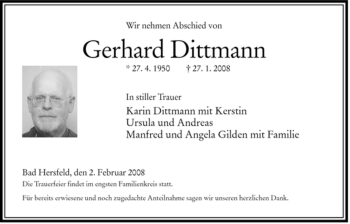 Traueranzeige von Gerhard Dittmann von HERSFELDER ZEITUNG