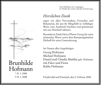 Traueranzeige von Brunhilde Hofmann von HERSFELDER ZEITUNG