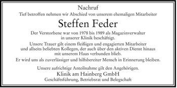 Traueranzeige von Steffen Feder von HERSFELDER ZEITUNG
