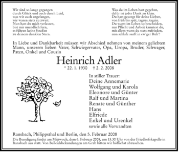 Traueranzeige von Heinrich Adler von HERSFELDER ZEITUNG