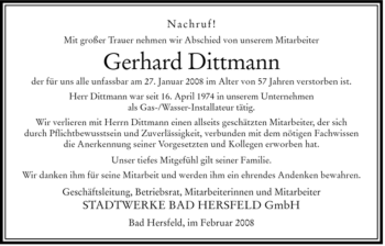 Traueranzeige von Gerhard Dittmann von HERSFELDER ZEITUNG