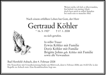 Traueranzeige von Gertrud Koehler von HERSFELDER ZEITUNG