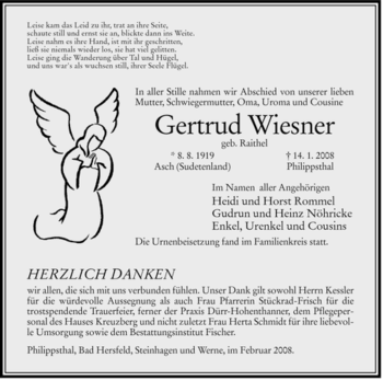 Traueranzeige von Gertrud Wiesner von HERSFELDER ZEITUNG
