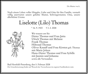 Traueranzeige von Liselotte Thomas von HERSFELDER ZEITUNG