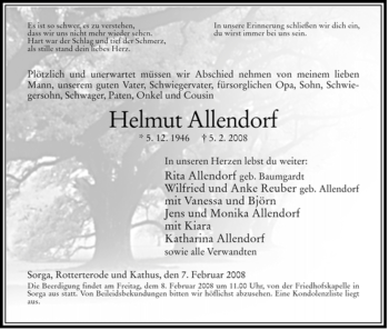 Traueranzeige von Helmut Allendorf von HERSFELDER ZEITUNG