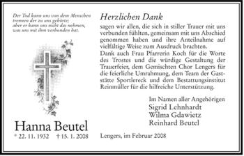 Traueranzeige von Hanna Beutel von HERSFELDER ZEITUNG