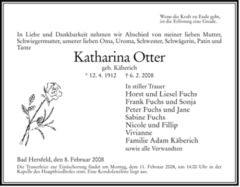 Traueranzeige von Katharina Otter von HERSFELDER ZEITUNG