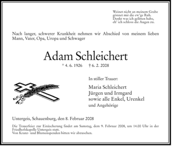 Traueranzeige von Adam Schleichert von HERSFELDER ZEITUNG