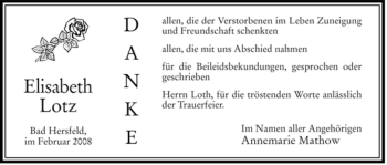 Traueranzeige von Elisabeth Lotz von HERSFELDER ZEITUNG