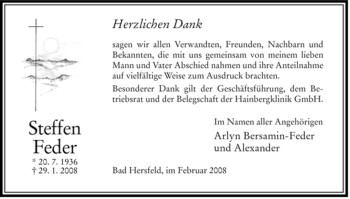 Traueranzeige von Steffen Feder von HERSFELDER ZEITUNG
