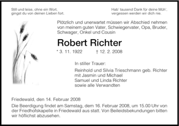 Traueranzeige von Robert Richter von HERSFELDER ZEITUNG