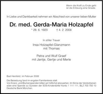 Traueranzeige von Gerda-Maria Holzapfel von HERSFELDER ZEITUNG