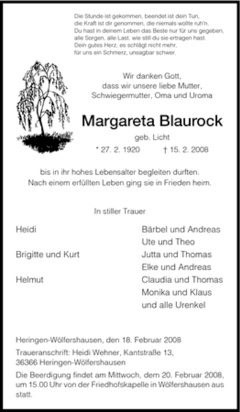 Traueranzeige von Margareta Blaurock von HERSFELDER ZEITUNG