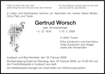 Traueranzeige von Gertrud Worsch von HERSFELDER ZEITUNG