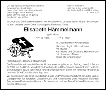 Traueranzeige von Elisabeth Hämmelmann von HERSFELDER ZEITUNG