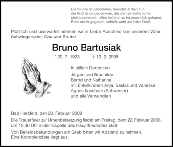 Traueranzeige von Bruno Bartusiak von HERSFELDER ZEITUNG