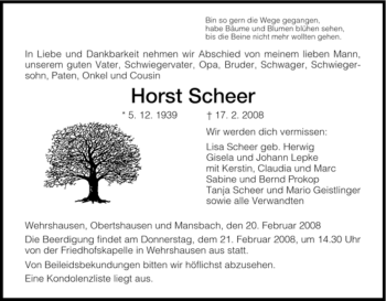 Traueranzeige von Horst Scheer von HERSFELDER ZEITUNG