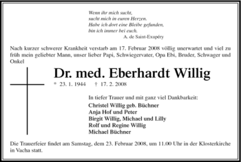 Traueranzeige von Eberhardt Willig von HERSFELDER ZEITUNG