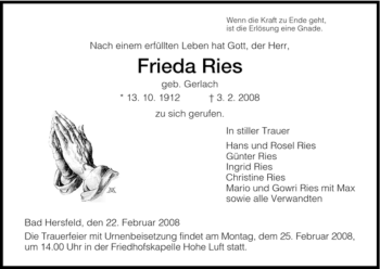 Traueranzeige von Frieda Ries von HERSFELDER ZEITUNG