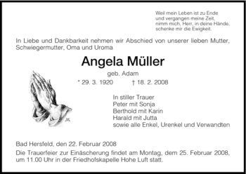 Traueranzeige von Angela Müller von HERSFELDER ZEITUNG