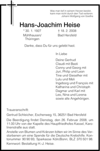 Traueranzeige von Hans- Joachim Heise von HERSFELDER ZEITUNG