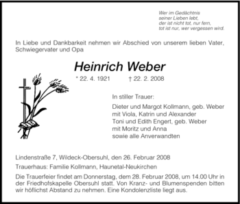 Traueranzeige von Heinrich Weber von HERSFELDER ZEITUNG