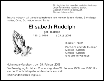 Traueranzeige von Elisabeth Rudolph von HERSFELDER ZEITUNG