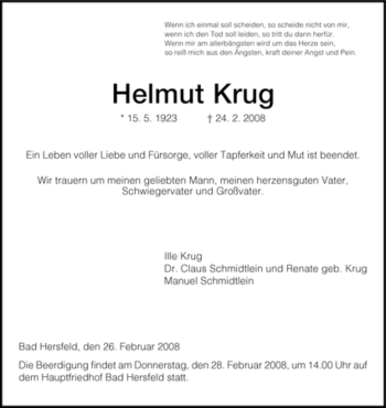 Traueranzeige von Helmut Krug von HERSFELDER ZEITUNG