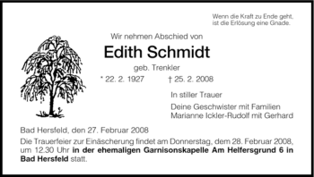 Traueranzeige von Edith Schmidt von HERSFELDER ZEITUNG