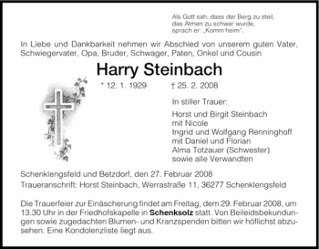 Traueranzeige von Harry Steinbach von HERSFELDER ZEITUNG