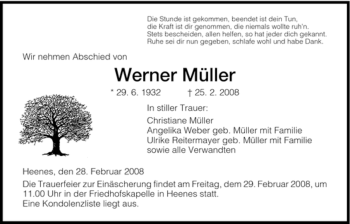 Traueranzeige von Werner Müller von HERSFELDER ZEITUNG