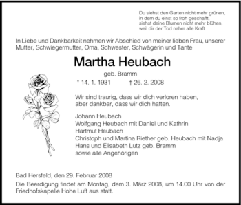 Traueranzeige von Martha Heubach von HERSFELDER ZEITUNG