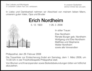 Traueranzeige von Erich Nordheim von HERSFELDER ZEITUNG